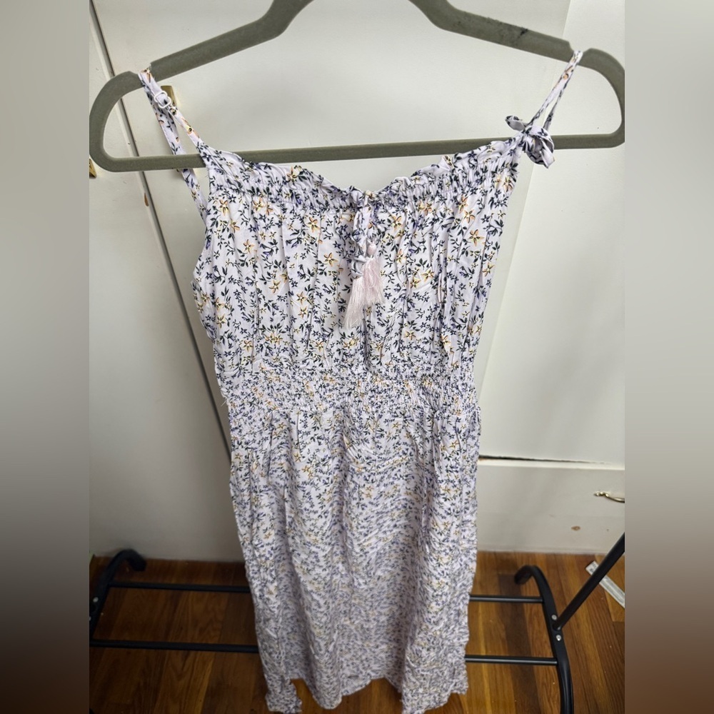 Smocked White Floral Maxi Dress with Yellow & Navy Accents fits L/XL